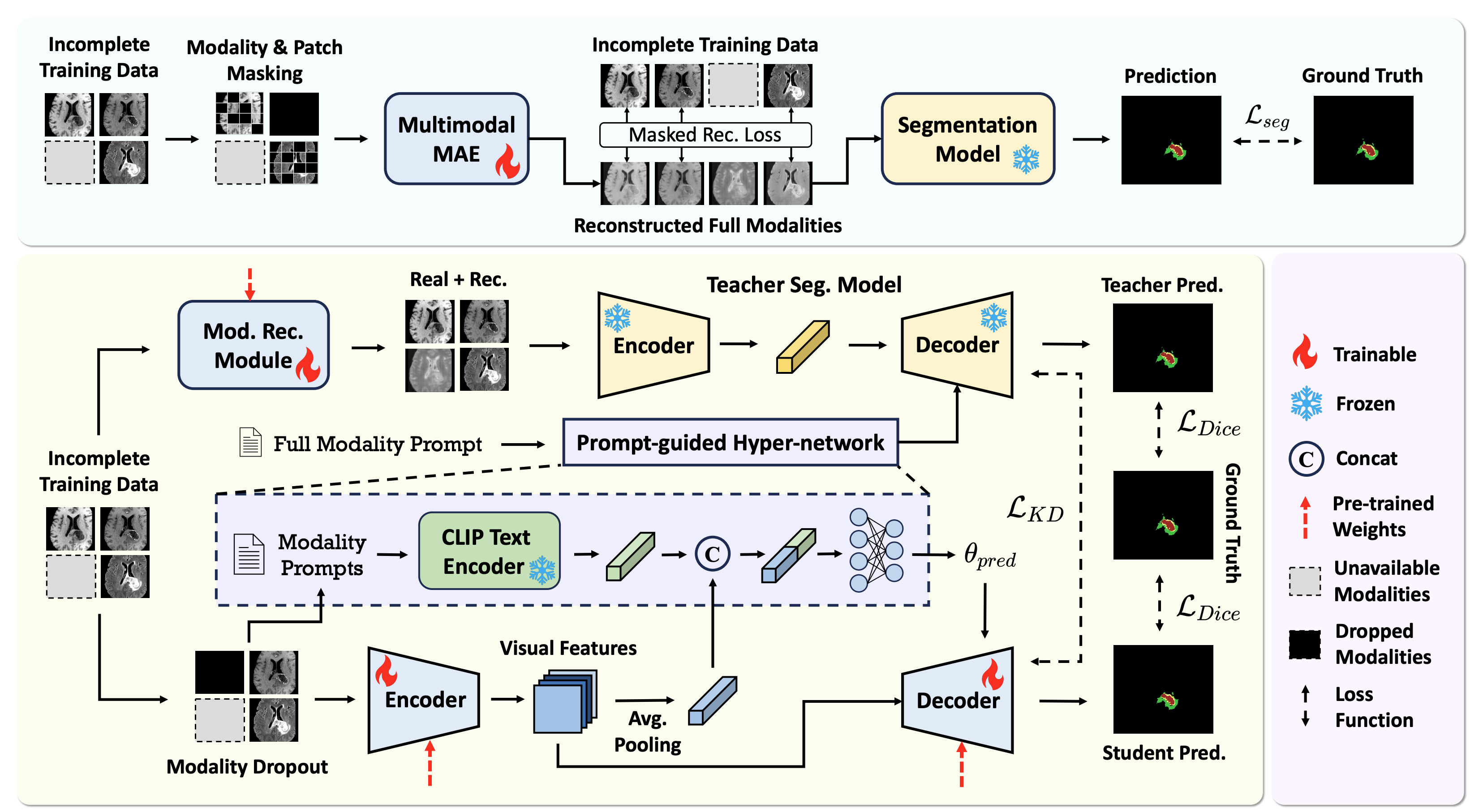 Tackling Dual-stage Missing Modalities in Brain Tumor Segmentation via Robust Modality Reconstruction and Prompt-guided Modality Adaptation